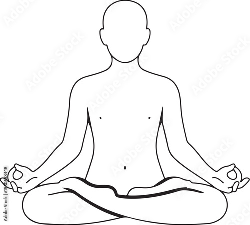 Man Meditating in Lotus Pose Line Art - Mindfulness Yoga and Spiritual Wellness Outline Illustration