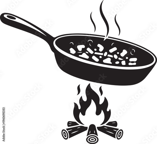 Frying Pan Cooking Over Campfire Illustration - Rustic Outdoor Skillet with Steaming Food over Wood Fire Silhouette