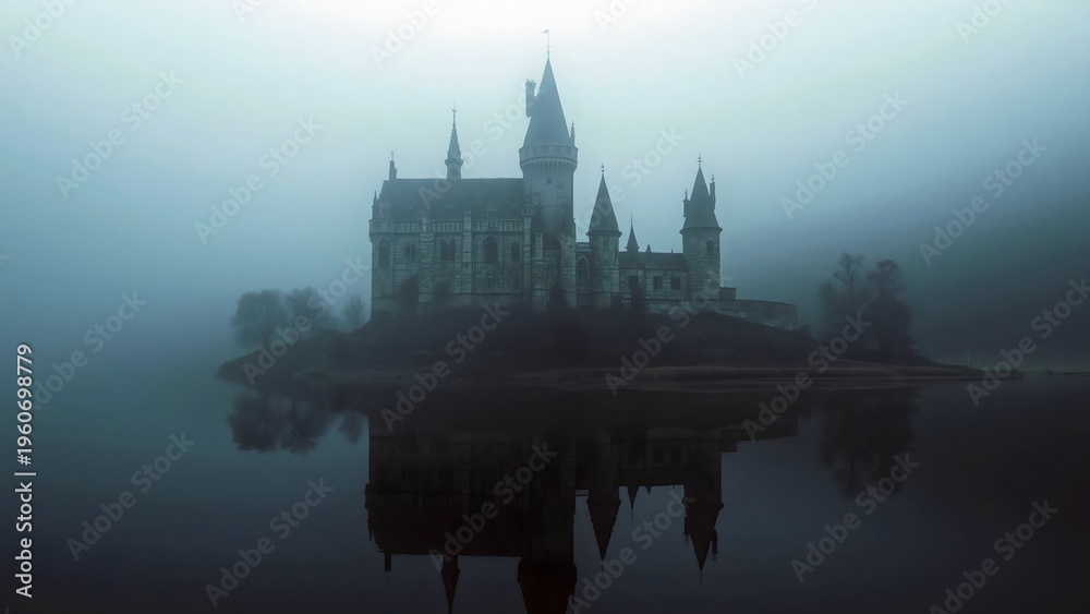 Naklejka premium Misty ethereal castle on an island in calm water, mysterious and serene landscape