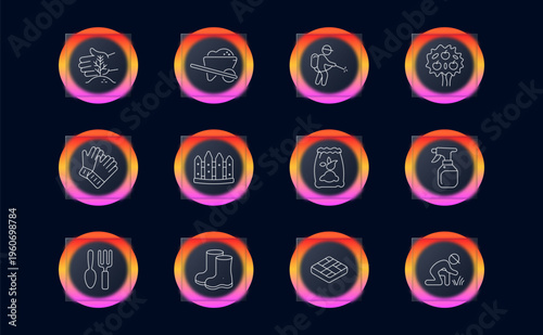 Gardening agriculture activity set icon. Linear cultivation work collection with hand planting seedling, wheelbarrow soil, sprayer watering, fruit tree harvest, gloves, fence, fertilizer bag