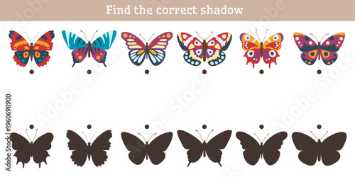 Find the matching shadow of the colored butterfly. Attention game for children. Printable cards