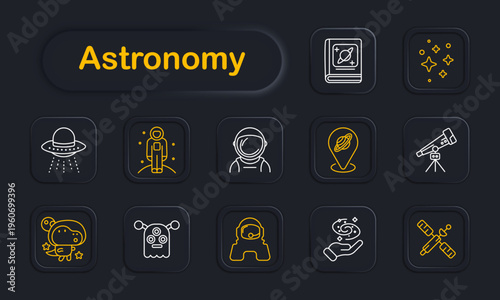 Astronomy space set icon. Dark style icons display ufo ship, astronaut figure, helmet suit, planet marker, telescope, alien creature, robot head, space suit, galaxy hand, satellite station