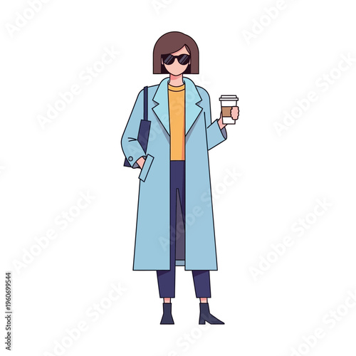 Stylish Woman in Light Blue Coat Holding Coffee Cup, Fashion Illustration
