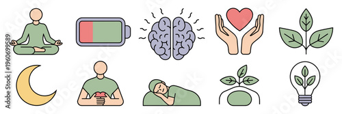 Burnout recovery and rest icon collection – Ideal for wellness apps, mental health awareness, or HR employee support.