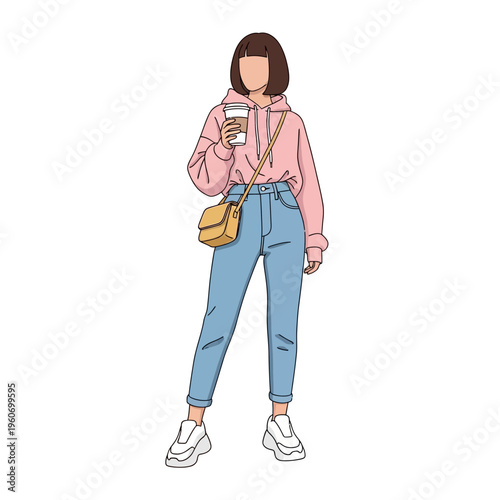Stylish Woman in Pink Hoodie and Jeans Holding Coffee Cup, Fashion Illustration