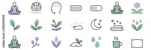 Therapeutic rest and recovery icon sheet – Suitable for sleep hygiene guides, mindfulness apps, or healthcare brochures.