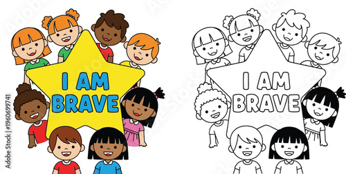 Diverse Kids with "I Am Brave" Star - Affirmation and Self-Esteem