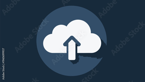 Cloud icon with upward arrow in circle on dark blue background symbolizing data upload and storage