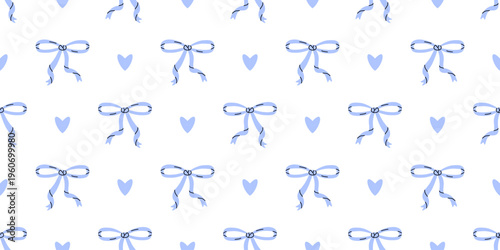 Vector seamless pattern with blue ribbon bow and heart on white background. Cute feminine coquette aesthetic print for fabric, gift wrapping paper, baby shower, stationery and digital wallpaper.