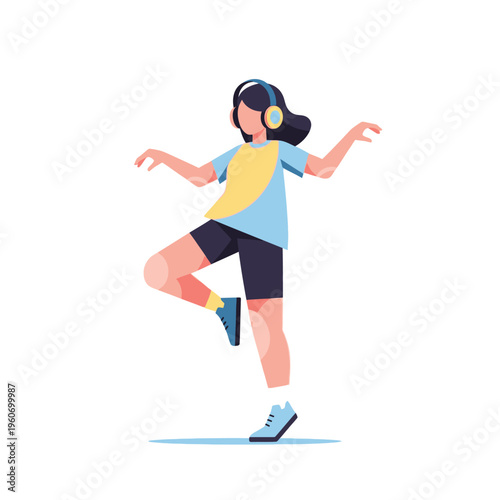 Young Woman Dancing with Headphones, Enjoying Music with a Smile, Isolated on White