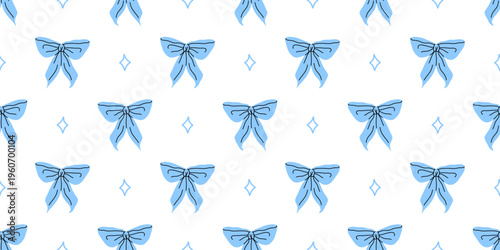 Vector seamless pattern with soft blue ribbon bow and small diamond shapes on white background. Baby boy coquette aesthetic print for fabric, wrapping paper, nursery decor, stationery, wallpaper.