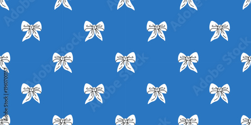 Vector seamless pattern with white hand drawn ribbon bow on bright royal blue background. Trendy coquette aesthetic print for fabric, gift wrapping paper, phone case, stationery and digital wallpaper.