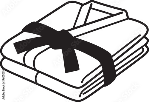 Folded Martial Arts Gi with Black Belt Karate Judo Uniform Line Art Vector