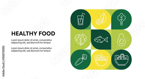 Modern infographic template presenting healthy food options and nutritional icons for wellness presentations or dietary planning visuals