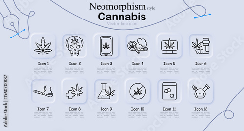 Cannabis set icon. Leaf, skull symbol, smartphone screen, joint smoke, monitor display, oil bottle, cigarette, medical cross, flask, prohibition sign, package, mask device line icons