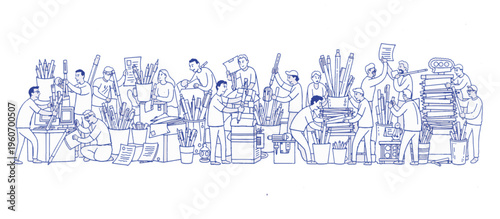 Procrastination and busy work concept. Line art illustration of people organizing pens and papers instead of working. Vector graphic isolated on transparent background