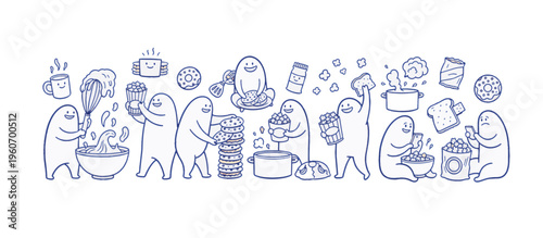 People making snacks and eating to avoid tasks. Vector illustration of procrastination through food and kitchen distractions. Hand-drawn line art characters isolated on transparent background