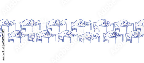 People sleeping at desks line art illustration. Vector graphic of workplace burnout and procrastination concept. Exhausted employees and students isolated on transparent background