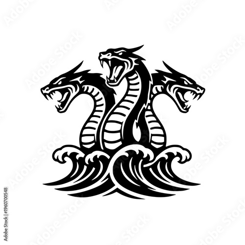 Three headed hydra dragon logo illustration on sea waves