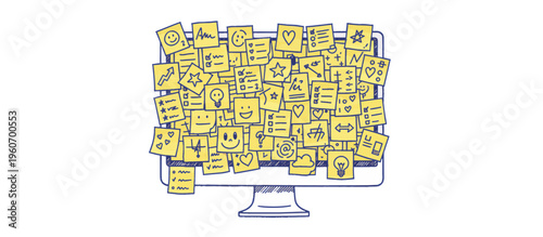 Computer monitor covered in sticky notes. Procrastination and work overload concept. Hand-drawn line art vector illustration isolated on transparent background