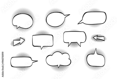 Comic speech bubble with halftone shadows set. Talk cloud, textbox collection. Empty black white frame. Retro pop art style. Vector illustration.