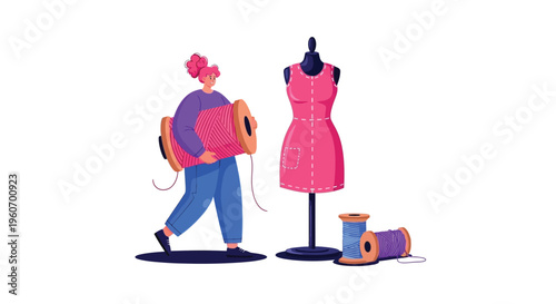 An innovative fashion designer is passionately involved in her creative process, carefully crafting a new garment, perhaps a stunning pink dress, showcased on a classic mannequin, with a large spool o