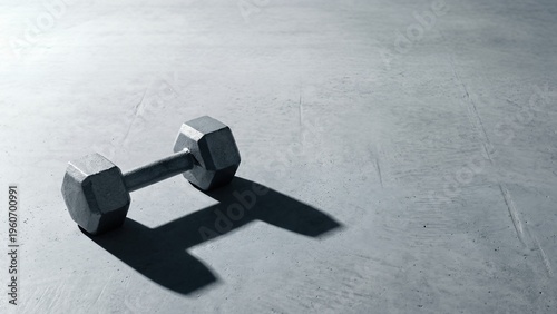 Close-Up of a Metal Dumbbell on a Smooth Gray Surface with Detailed Shadows