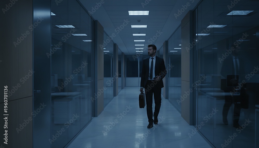 Fototapeta premium A businessman walks down a dimly lit office hallway with a briefcase in hand