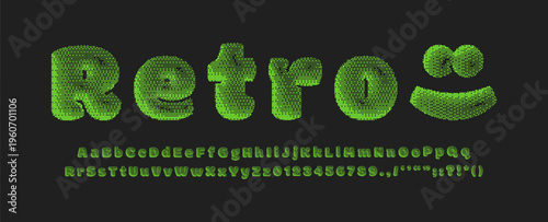 Bitmap dither alphabet. Retro pixelated font design. Grunge textured pixel abc. Comic pop art style English letters. Retro 8 bit typography set. Vector green neon illustration for poster, banner, card