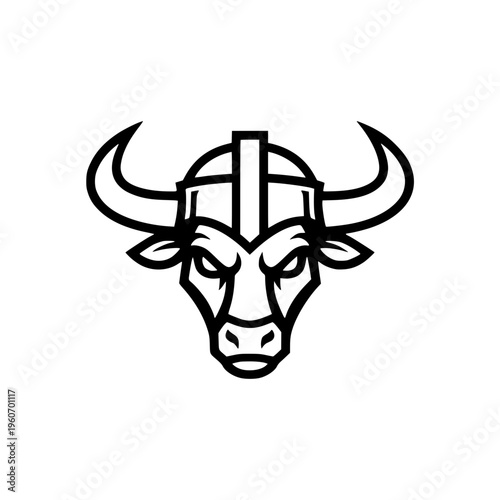 Bull Head Mascot Wearing Warrior Viking Helmet