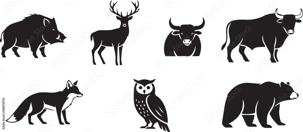 Obraz premium Wild Animal Silhouette Icon Set: Bear, Deer, Fox, Owl, Bull, and Boar