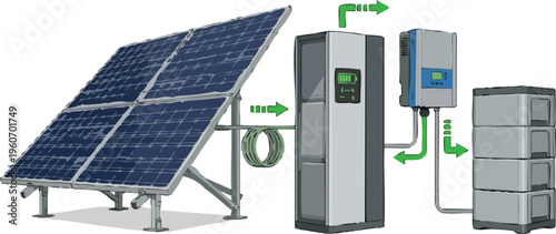 Web Solar Energy System Vector Illustration – Home Solar Panel Array, Inverter, and Battery Storage Bank for Earth Day and Renewable Energy Themes