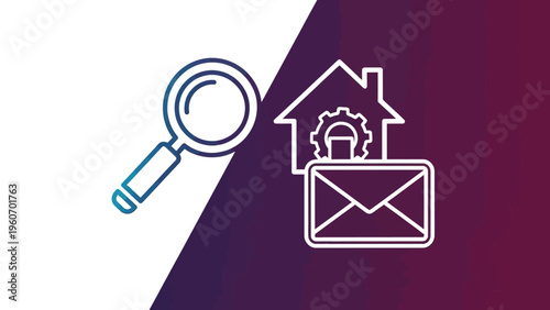 Magnifying glass examines home maintenance concept with gear and email on purple background