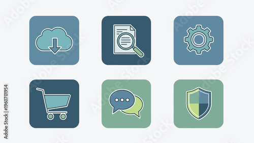 Set of six icons representing cloud storage document search settings shopping cart chat bubbles and security shield on blue and green backgrounds for business and technology