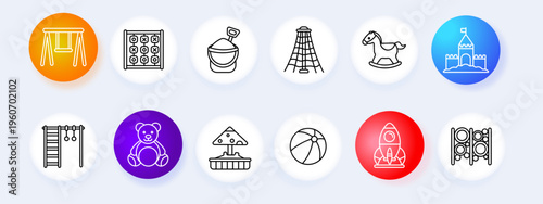 Playground activity set icon. Swing board bucket net horse castle ladder toy carousel ball rocket bars line icons minimal outline style children play objects collection