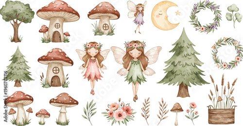 Whimsical fantasy fairies and nature elements illustrations in a forest setting with mushrooms trees and flowers