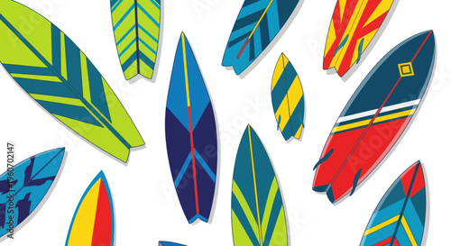 Colorful Surfboards Arranged on White Background, Summer Beach Sport Concept