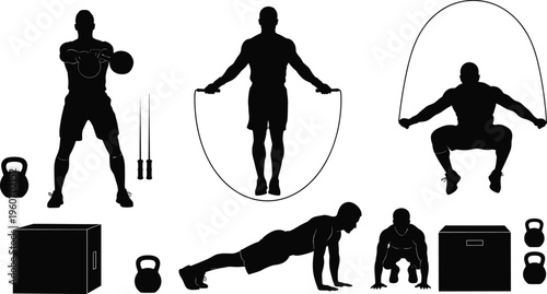 Functional fitness workout set with jump rope push ups kettlebell training box jumps and strength exercises silhouettes isolated on white background