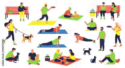 People enjoying outdoor activities, exercise, and pets in a park