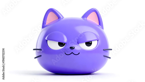 3D render of a cute purple cat head with a grumpy and cynical facial expression isolated on transparent png background