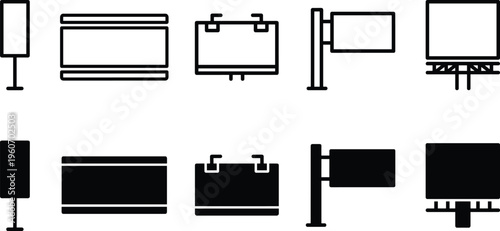 Billboard and signboard icon set outdoor advertising display panels black silhouette and outline collection isolated on white background vector