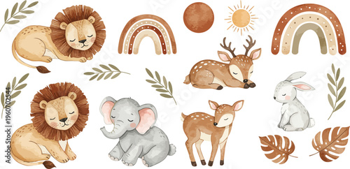 Whimsical watercolor animals and nature elements in pastel colors for nursery or kids design