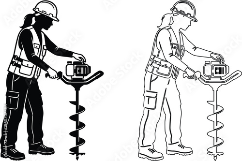 Construction worker using earth auger silhouette and outline illustration drilling equipment operator concept hand drawn style isolated on white background