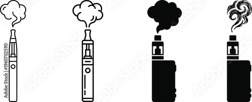 Electronic cigarette vape device icon set with smoke clouds and vapor styles black silhouette and outline illustration isolated background