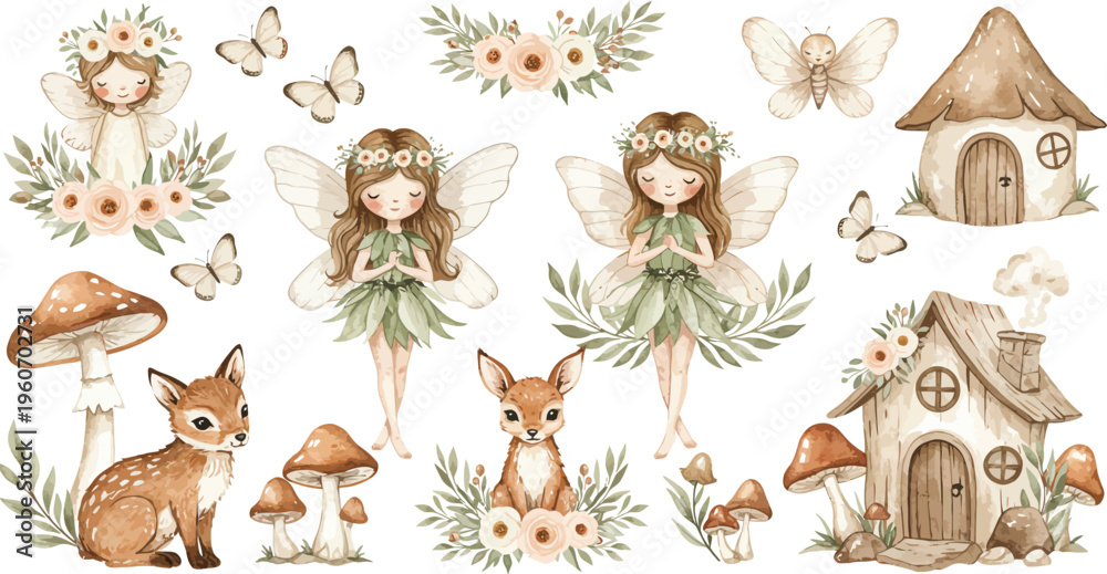 Obraz premium Whimsical illustration of forest creatures and fairy tale houses with flowers and mushrooms