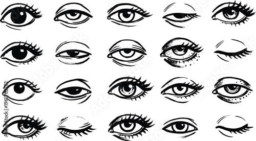 Hand drawn eye doodle set with different expressions lashes sketch collection black white illustration isolated on white background vector style