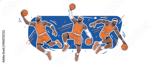 Basketball player in action poses. Set of illustrations showing dribbling and dunking. Dynamic sports vector graphic for playoffs