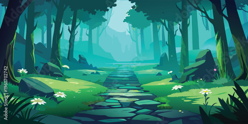 A serene digital illustration featuring a majestic mountain range at a vibrant sunset in orange