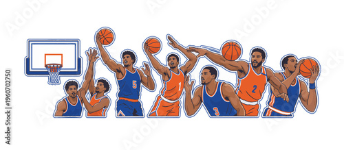 Basketball players in action poses vector set. Athletes shooting and dunking the ball. Intense playoff game moments in a flat illustration style isolated on transparent background