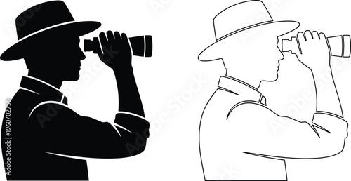 Man with binoculars silhouette and outline illustration exploration vision concept observer looking distance hand drawn style isolated on white background